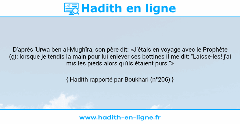 Une image avec le hadith : D'après 'Urwa ben al-Mughîra, son père dit: «J'étais en voyage avec le Prophète (ç); lorsque je tendis la main pour lui enlever ses bottines il me dit: "Laisse-les! j'ai mis les pieds alors qu'ils étaient purs."» Hadith rapporté par Boukhari (n°206)