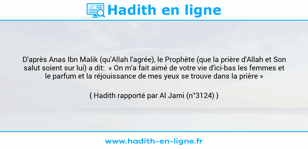 Une image avec le hadith : D'après Anas Ibn Malik (qu'Allah l'agrée), le Prophète (que la prière d'Allah et Son salut soient sur lui) a dit:  « On m'a fait aimé de votre vie d'ici-bas les femmes et le parfum et la réjouissance de mes yeux se trouve dans la prière » Hadith rapporté par Al Jami (n°3124)