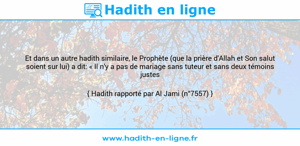 Une image avec le hadith : Et dans un autre hadith similaire, le Prophète (que la prière d'Allah et Son salut soient sur lui) a dit: « Il n'y a pas de mariage sans tuteur et sans deux témoins justes ». Hadith rapporté par Al Jami (n°7557)
