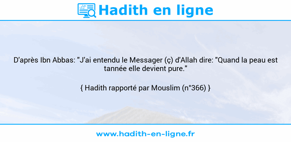 Une image avec le hadith : D'après Ibn Abbas: "J'ai entendu le Messager (ç) d'Allah dire: "Quand la peau est tannée elle devient pure." Hadith rapporté par Mouslim (n°366)