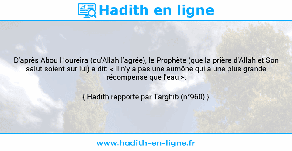 Une image avec le hadith : D'après Abou Houreira (qu'Allah l'agrée), le Prophète (que la prière d'Allah et Son salut soient sur lui) a dit: « Il n'y a pas une aumône qui a une plus grande récompense que l'eau ». Hadith rapporté par Targhib (n°960)