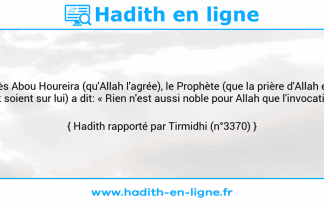 Une image avec le hadith : D'après Abou Houreira (qu'Allah l'agrée), le Prophète (que la prière d'Allah et Son salut soient sur lui) a dit: « Rien n'est aussi noble pour Allah que l'invocation ». Hadith rapporté par Tirmidhi (n°3370)