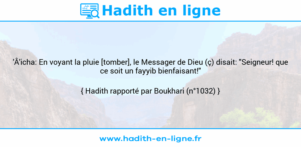 Une image avec le hadith : 'Â'icha: En voyant la pluie [tomber], le Messager de Dieu (ç) disait: "Seigneur! que ce soit un fayyib bienfaisant!" Hadith rapporté par Boukhari (n°1032)