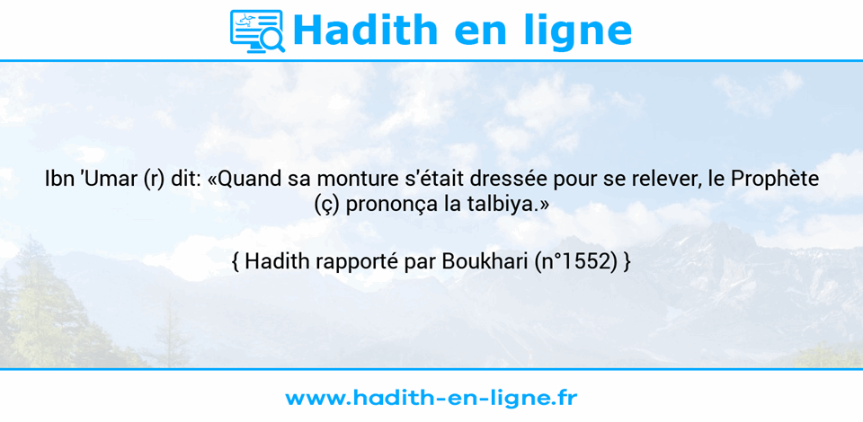 Une image avec le hadith : Ibn 'Umar (r) dit: «Quand sa monture s'était dressée pour se relever, le Prophète (ç) prononça la talbiya.» Hadith rapporté par Boukhari (n°1552)