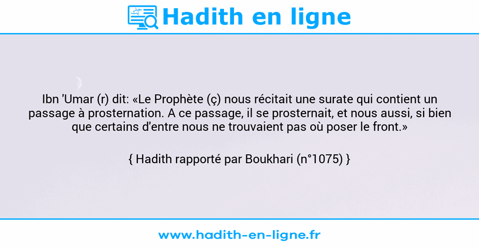 Une image avec le hadith : Ibn 'Umar (r) dit: «Le Prophète (ç) nous récitait une surate qui contient un passage à prosternation. A ce passage, il se prosternait, et nous aussi, si bien que certains d'entre nous ne trouvaient pas où poser le front.» Hadith rapporté par Boukhari (n°1075)
