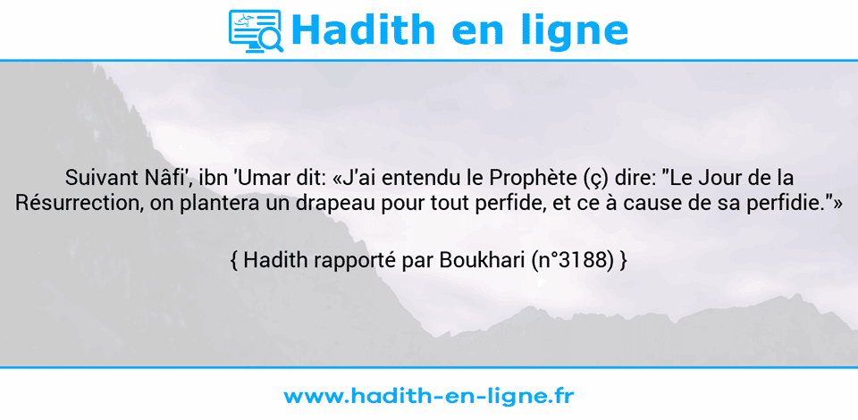 Une image avec le hadith : Suivant Nâfi', ibn 'Umar dit: «J'ai entendu le Prophète (ç) dire: "Le Jour de la Résurrection, on plantera un drapeau pour tout perfide, et ce à cause de sa perfidie."» Hadith rapporté par Boukhari (n°3188)