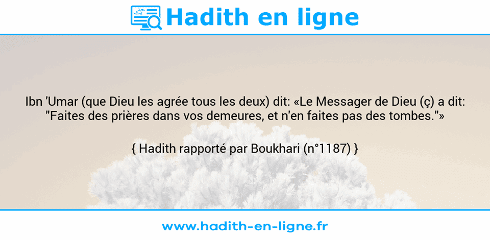 Une image avec le hadith : Ibn 'Umar (que Dieu les agrée tous les deux) dit: «Le Messager de Dieu (ç) a dit: "Faites des prières dans vos demeures, et n'en faites pas des tombes."» Hadith rapporté par Boukhari (n°1187)