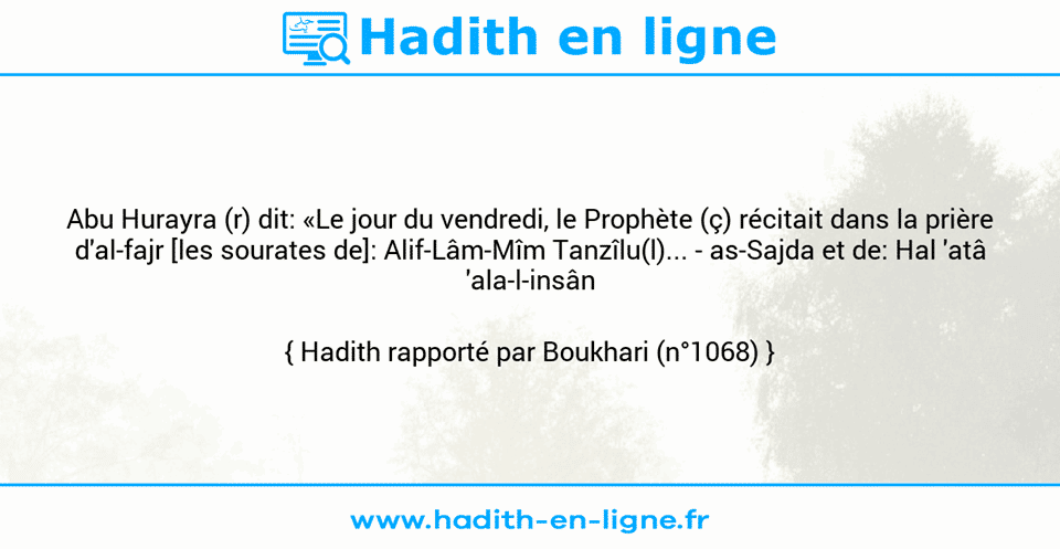 Une image avec le hadith : Abu Hurayra (r) dit: «Le jour du vendredi, le Prophète (ç) récitait dans la prière d'al-fajr [les sourates de]: Alif-Lâm-Mîm Tanzîlu(l)... - as-Sajda et de: Hal 'atâ 'ala-l-insân •••» Hadith rapporté par Boukhari (n°1068)