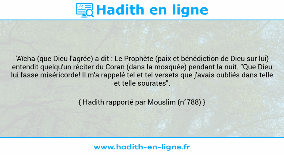Une image avec le hadith : 'Aïcha (que Dieu l'agrée) a dit : Le Prophète (paix et bénédiction de Dieu sur lui) entendit quelqu'un réciter du Coran (dans la mosquée) pendant la nuit. "Que Dieu lui fasse miséricorde! Il m'a rappelé tel et tel versets que j'avais oubliés dans telle et telle sourates". Hadith rapporté par Mouslim (n°788)