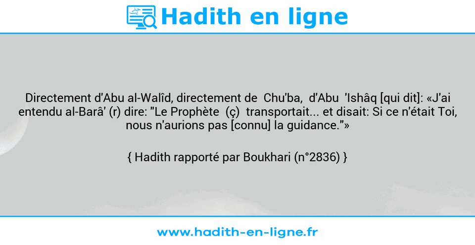 Une image avec le hadith : Directement d'Abu al-Walîd, directement de  Chu'ba,  d'Abu  'Ishâq [qui dit]: «J'ai entendu al-Barâ' (r) dire: "Le Prophète  (ç)  transportait... et disait: Si ce n'était Toi, nous n'aurions pas [connu] la guidance."» Hadith rapporté par Boukhari (n°2836)
