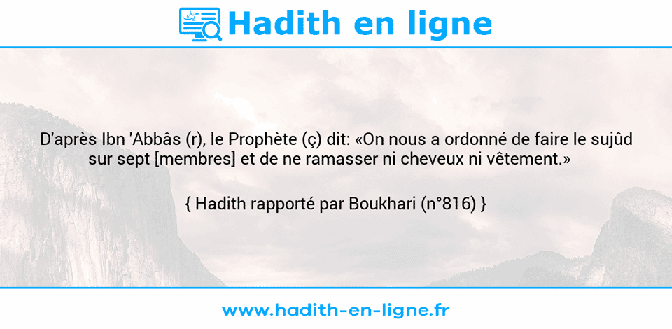 Une image avec le hadith : D'après Ibn 'Abbâs (r), le Prophète (ç) dit: «On nous a ordonné de faire le sujûd sur sept [membres] et de ne ramasser ni cheveux ni vêtement.»    Hadith rapporté par Boukhari (n°816)