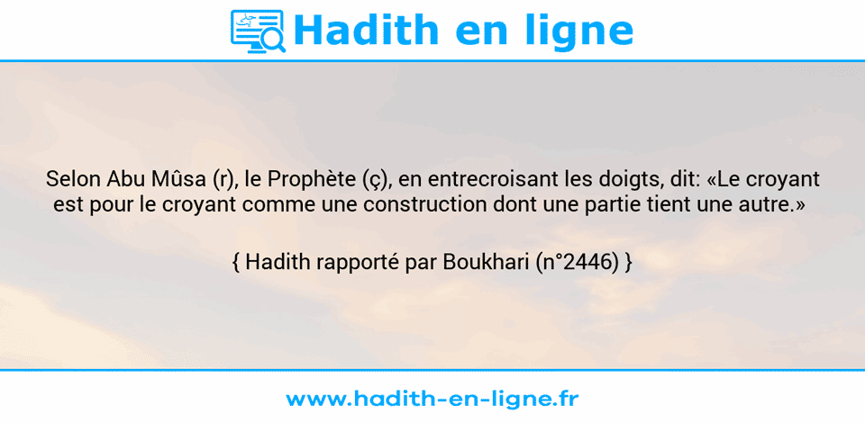 Une image avec le hadith : Selon Abu Mûsa (r), le Prophète (ç), en entrecroisant les doigts, dit: «Le croyant est pour le croyant comme une construction dont une partie tient une autre.»  Hadith rapporté par Boukhari (n°2446)