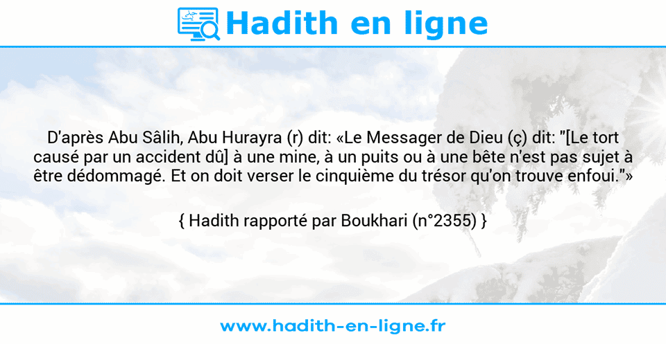 Une image avec le hadith : D'après Abu Sâlih, Abu Hurayra (r) dit: «Le Messager de Dieu (ç) dit: "[Le tort causé par un accident dû] à une mine, à un puits ou à une bête n'est pas sujet à être dédommagé. Et on doit verser le cinquième du trésor qu'on trouve enfoui."» Hadith rapporté par Boukhari (n°2355)
