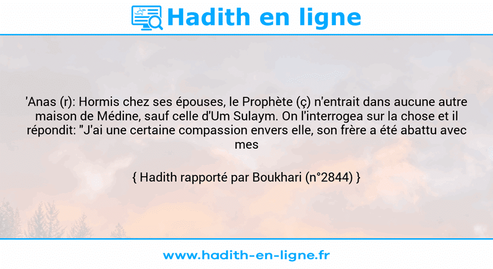 Une image avec le hadith : 'Anas (r): Hormis chez ses épouses, le Prophète (ç) n'entrait dans aucune autre maison de Médine, sauf celle d'Um Sulaym. On l'interrogea sur la chose et il répondit: "J'ai une certaine compassion envers elle, son frère a été abattu avec mes [hommes]." Hadith rapporté par Boukhari (n°2844)