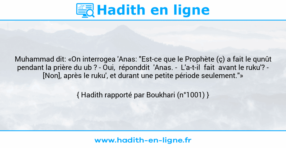 Une image avec le hadith : Muhammad dit: «On interrogea 'Anas: "Est-ce que le Prophète (ç) a fait le qunût pendant la prière du ub ? - Oui,  réponddit  'Anas. -  L'a-t-il  fait  avant le ruku'? - [Non], après le ruku', et durant une petite période seulement."» Hadith rapporté par Boukhari (n°1001)