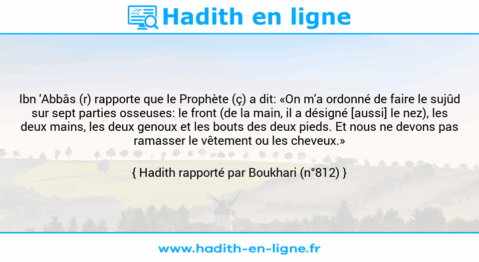 Une image avec le hadith : Ibn 'Abbâs (r) rapporte que le Prophète (ç) a dit: «On m'a ordonné de faire le sujûd sur sept parties osseuses: le front (de la main, il a désigné [aussi] le nez), les deux mains, les deux genoux et les bouts des deux pieds. Et nous ne devons pas ramasser le vêtement ou les cheveux.» Hadith rapporté par Boukhari (n°812)