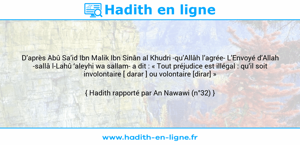 Une image avec le hadith : D’après Abû Sa’id Ibn Malik Ibn Sinân al Khudri -qu’Allâh l’agrée- L’Envoyé d’Allah -sallâ l-Lahû ‘aleyhi wa sallam- a dit : « Tout préjudice est illégal : qu’il soit involontaire [ darar ] ou volontaire [dirar] » Hadith rapporté par An Nawawi (n°32)