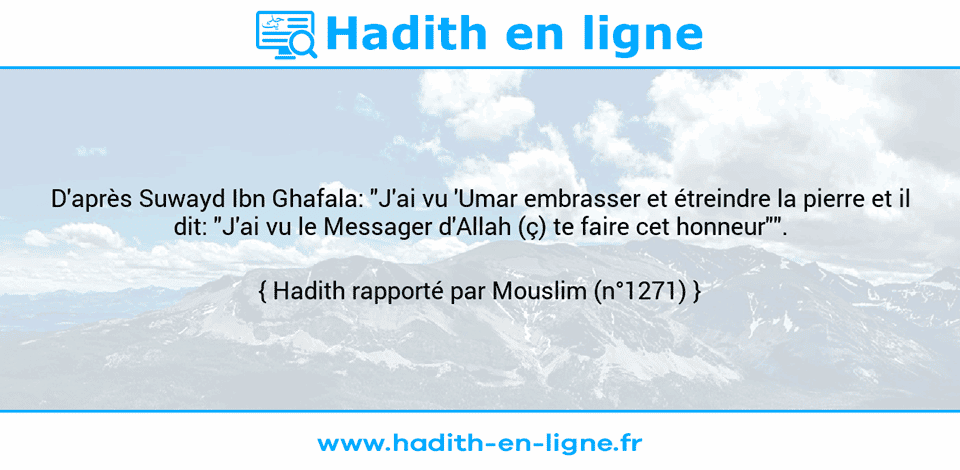 Une image avec le hadith : D'après Suwayd Ibn Ghafala: "J'ai vu 'Umar embrasser et étreindre la pierre et il dit: "J'ai vu le Messager d'Allah (ç) te faire cet honneur"". Hadith rapporté par Mouslim (n°1271)