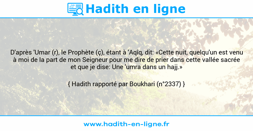 Une image avec le hadith : D'après 'Umar (r), le Prophète (ç), étant à 'Aqîq, dit: «Cette nuit, quelqu'un est venu à moi de la part de mon Seigneur pour me dire de prier dans cette vallée sacrée et que je dise: Une 'umra dans un hajj.» Hadith rapporté par Boukhari (n°2337)